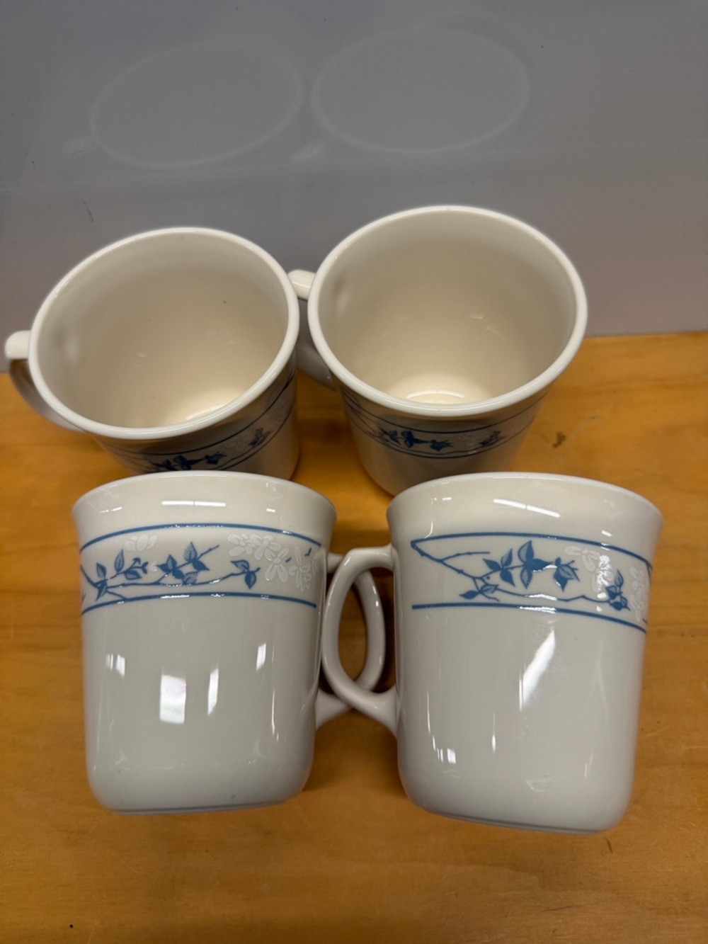 White Ceramic Mugs with Blue Floral Band - Set of 4 corningware